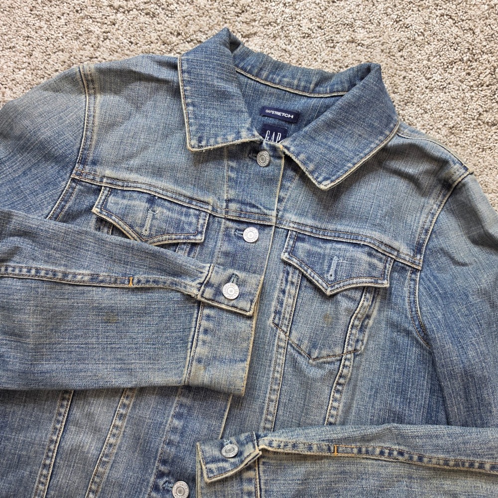 GAP Stretch Denim Trucker Jacket Women Large Blue Medium Wash Cotton VINTAGE
